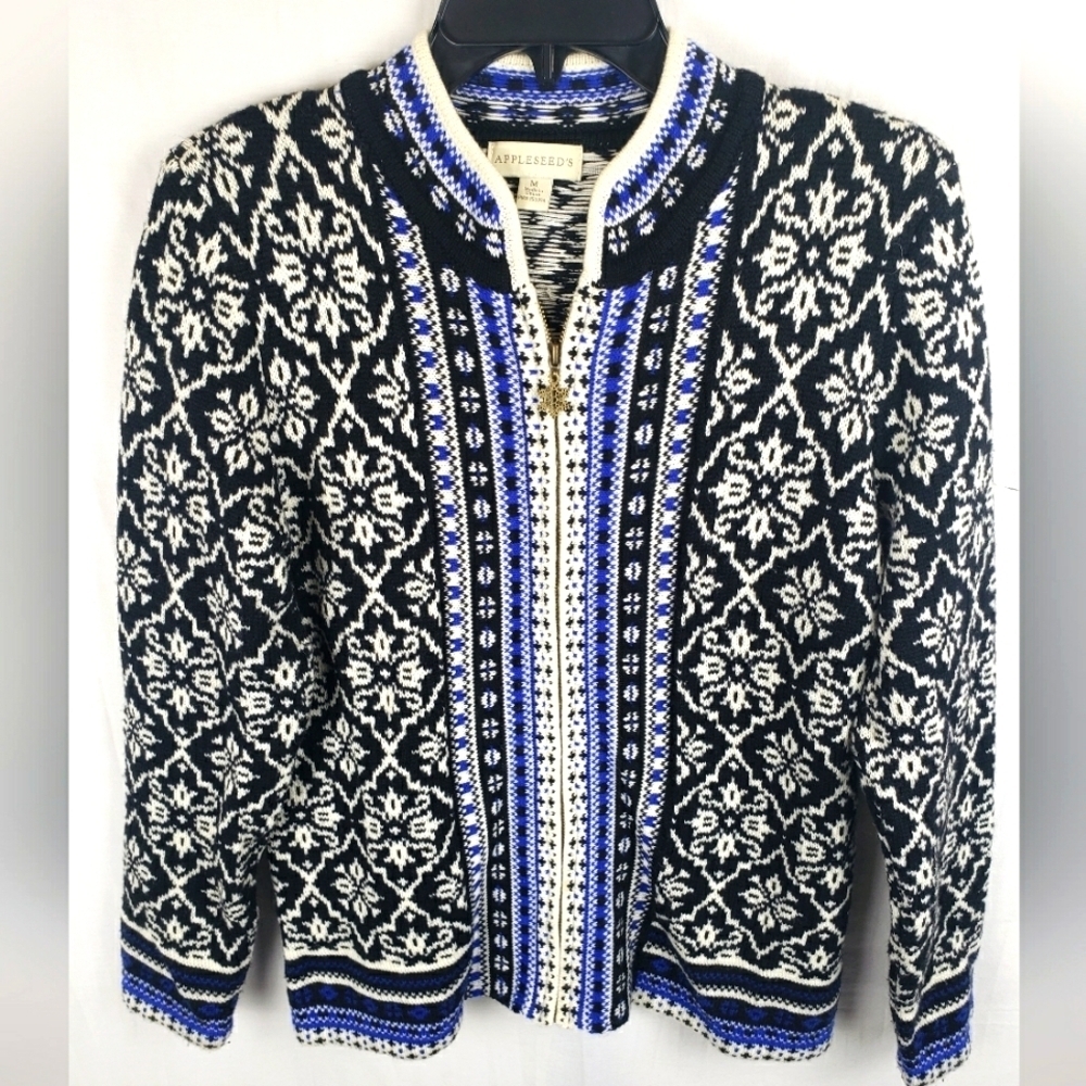 Appleseed's Nordiac Fair Isles Front Zip Wool Blend Cardigan Sweater Sz M